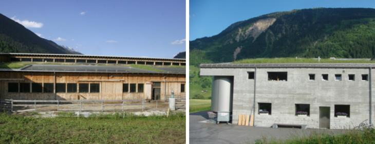 Als Besonderheit führt über die ganze Längsachse des Stalls ein Besuchersteg (links); Käserei mit großen Gewölbekellern (rechts) Als Besonderheit führt über die ganze Längsachse des Stalls ein Besuchersteg (links); Käserei mit großen Gewölbekellern (rechts)