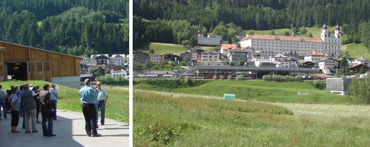 Freilaufstall (Holzkonstruktion) nach dem bekannten Architekten Gion Caminada (links) mit Kloster Disentis im Hintergrund (rechts) Freilaufstall (Holzkonstruktion) nach dem bekannten Architekten Gion Caminada (links) mit Kloster Disentis im Hintergrund (rechts)