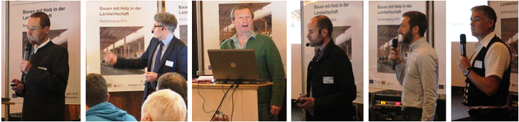 Die Referenten, von links: Burkhard Eysell (AELF Rosenheim), Jochen Simon (LfL-Institut für Landtechnik und Tierhaltung Freising/ Grub), Josef Holzner (Landwirt in Bad Endorf - Thalkirchen), Stefan Bauer (Bauberater AELF Traunstein), Thomas Völkl (BBV LandSiedlung München), Franz Wörndl (Zimmereiinnung Rosenheim) / © M. Müller, ALB Bayern Die Referenten, von links: Burkhard Eysell (AELF Rosenheim), Jochen Simon (LfL-Institut für Landtechnik und Tierhaltung Freising/ Grub), Josef Holzner (Landwirt in Bad Endorf - Thalkirchen), Stefan Bauer (Bauberater AELF Traunstein), Thomas Völkl (BBV LandSiedlung München), Franz Wörndl (Zimmereiinnung Rosenheim)