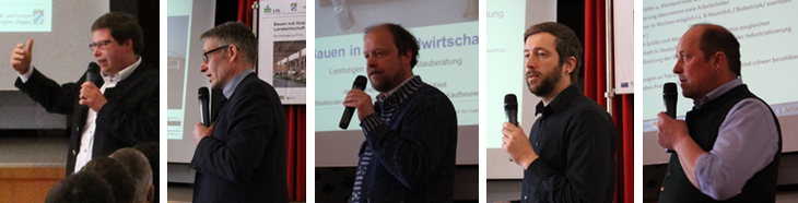 Die Referenten, von links: Benedikt Kuhn (AELF Kempten), Jochen Simon (LfL-ILT), Wolfram Wallner (AELF Kaufbeuren), Thomas Völkl (BBV LandSiedlung), Ulrich Kennerknecht (Zimmerermeister) / © ALB Bayern e.V. Die Referenten, von links: Benedikt Kuhn (AELF Kempten), Jochen Simon (LfL-ILT), Wolfram Wallner (AELF Kaufbeuren), Thomas Völkl (BBV LandSiedlung), Ulrich Kennerknecht (Zimmerermeister)