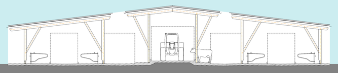Zu 4: 2 x 2-Reiher Liegehalle + Futtertisch (Satteldach) / © J. Simon - LfL-ILT Zu 4: 2 x 2-Reiher Liegehalle + Futtertisch (Satteldach)