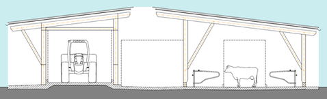 Zu 1: 2-Reiher Liegehalle (Pultdachhalle) + Futtertisch / © J. Simon - LfL-ILT Zu 1: 2-Reiher Liegehalle (Pultdachhalle) + Futtertisch