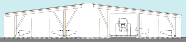 Zu 3: 3-Reiher Liegehalle + 1-Reiher Liegehalle mit integriertem Futtertisch / © J. Simon - LfL-ILT Zu 3: 3-Reiher Liegehalle + 1-Reiher Liegehalle mit integriertem Futtertisch