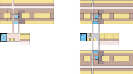 3-reihige Stallanlage für ursprünglich 73 Tierplätze (links) nachträglich erweiterbar auf ca. 146 Tierplätze (rechts) / © J. Simon - LfL-ILT 3-reihige Stallanlage für ursprünglich 73 Tierplätze (links) nachträglich erweiterbar auf ca. 146 Tierplätze (rechts)