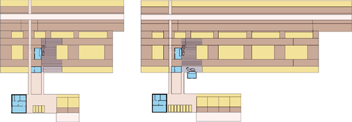 4-reihige Stallanlage für ursprünglich 76 Tierplätze (links) nachträglich erweiterbar auf ca. 152 Tierplätze (rechts) / © J. Simon - LfL-ILT 4-reihige Stallanlage für ursprünglich 76 Tierplätze (links) nachträglich erweiterbar auf ca. 152 Tierplätze (rechts)
