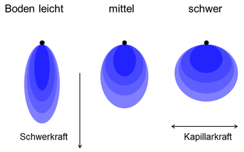 Die horizontale Ausbreitung der Durchfeuchtungszonen unter den Tropfstellen steigt mit zunehmender Schwere der Böden. / © M. Müller, ALB Bayern e.V. Die horizontale Ausbreitung der Durchfeuchtungszonen unter den Tropfstellen steigt mit zunehmender Schwere der Böden.