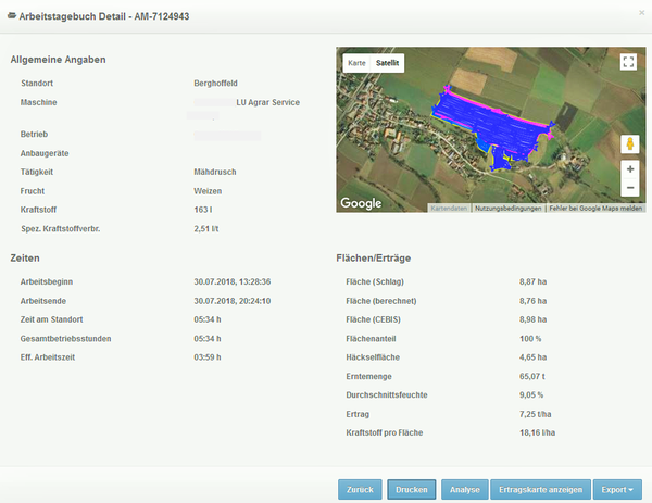 Dokumentationsübersicht eines Ernteschlages in CLAAS Telematics / © Streicher - ALB Bayern / CLAAS KGaA mbH Dokumentationsübersicht eines Ernteschlages in CLAAS Telematics