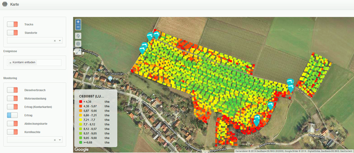Ertragskarte mit Korntankentleerungspunkten aus der Beerntung dreier Feldstücke, dargestellt auf einem Luftbild (Googel Maps) mithilfe des Telemetriesystems der Firma Claas / © Streicher - ALB Bayern / CLAAS KGaA mbH Ertragskarte mit Korntankentleerungspunkten aus der Beerntung dreier Feldstücke, dargestellt auf einem Luftbild (Googel Maps) mithilfe des Telemetriesystems der Firma Claas