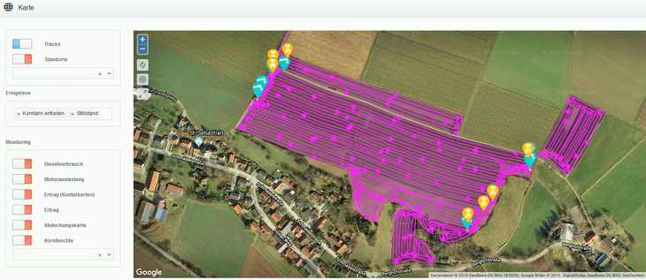 Fahrspuren und besondere Ereignisse (Korntankentleerung, Maschinenstillstand) in der Beerntung dreier Feldstücke, dargestellt auf einem Luftbild (Google Maps) mithilfe des Telemetriesystems der Firma CLAAS / © Streicher - ALB Bayern / CLAAS KGaA mbH Fahrspuren und besondere Ereignisse (Korntankentleerung, Maschinenstillstand) in der Beerntung dreier Feldstücke, dargestellt auf einem Luftbild (Google Maps) mithilfe des Telemetriesystems der Firma CLAAS